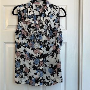 Tahari ASL Blue, Pink, and Black Ruffled Fitted Blouse